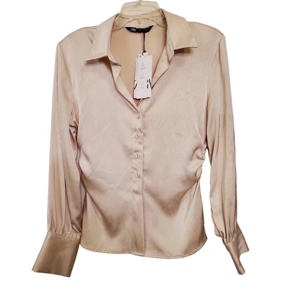 NWT Zara Cream Satin Button-Down Shirt